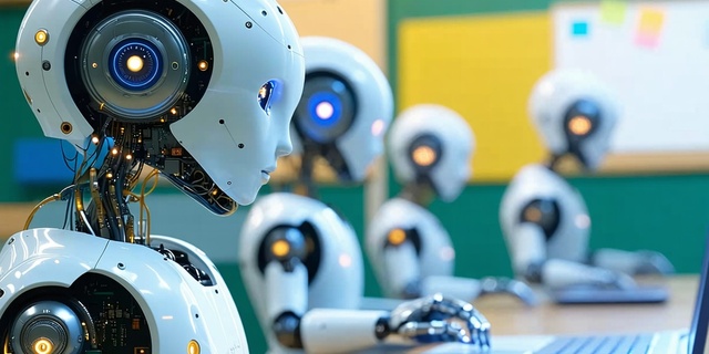 Illustration de l'intelligence artificielle intégrée dans une salle de classe d'école primaire, favorisant l'apprentissage...