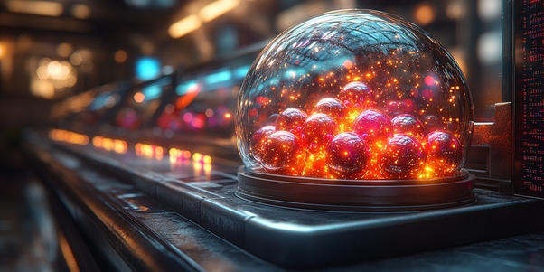 Machine de tirage EuroMillions face à un serveur d'intelligence artificielle, symbolisant le défi de la prédiction du hasard