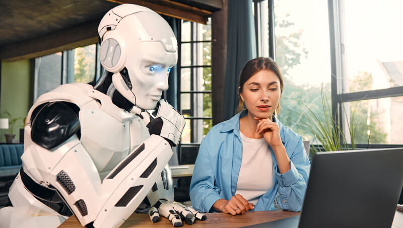 Un robot travaille avec une personne sur un ordinateur