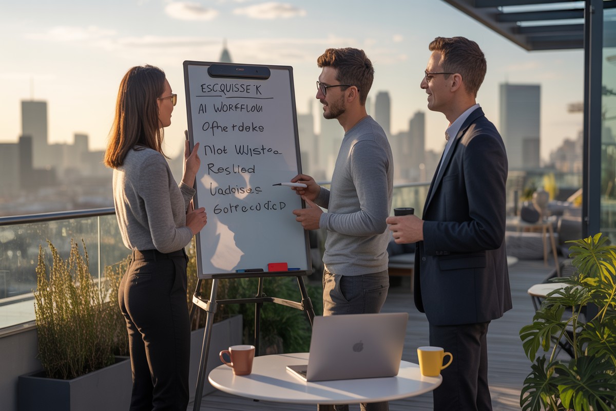 Trois collègues élaborent un schéma IA sur tableau blanc, terrasse urbaine au soleil couchant