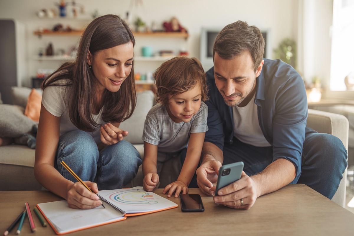 Famille moderne configure Family Link en dessinant règles numériques près de deux smartphones