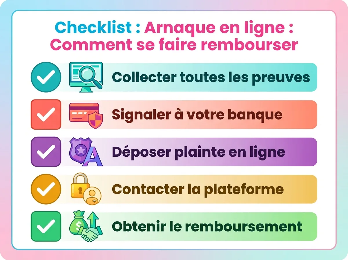 Infographie checklist : Arnaque sur un site internet : comment se faire rembourser