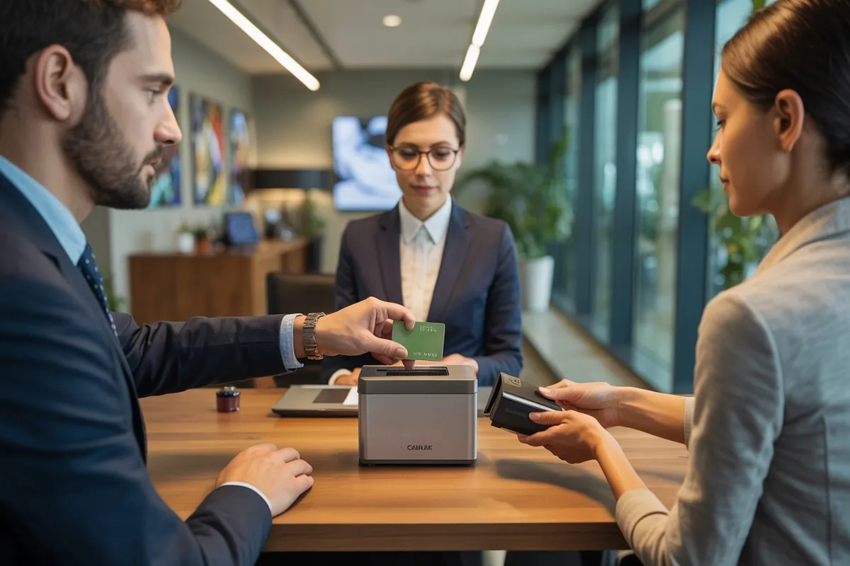 Client détruit carte bancaire fraudée dans un broyeur, conseiller observe, comptoir moderne