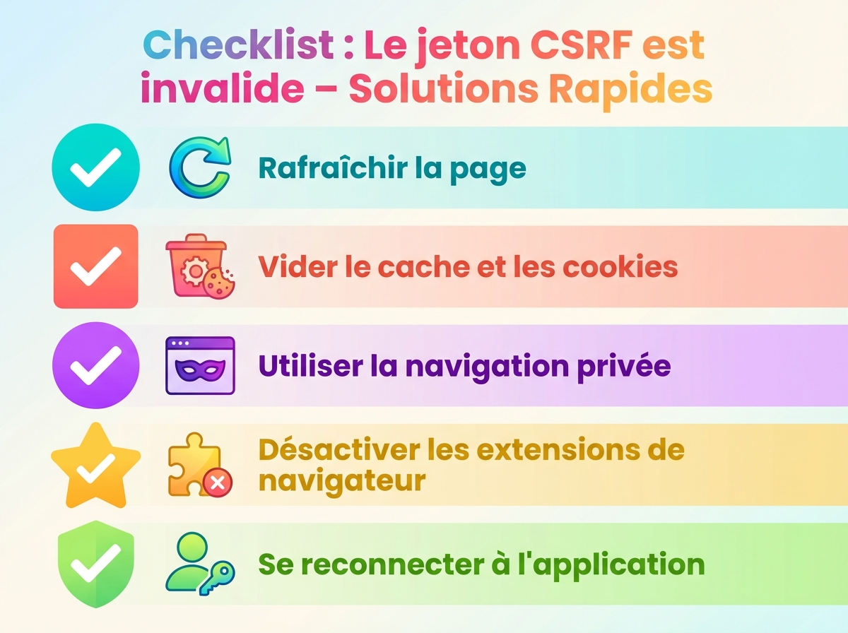 Infographie checklist : Le jeton CSRF est invalide : solutions rapides pour l'erreur