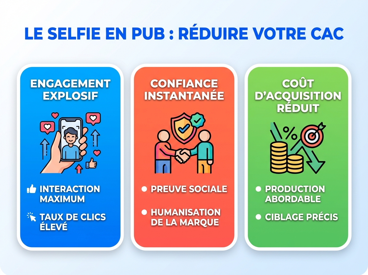 Infographie cheat sheet : Selfie en publicité : le levier pour réduire votre CAC