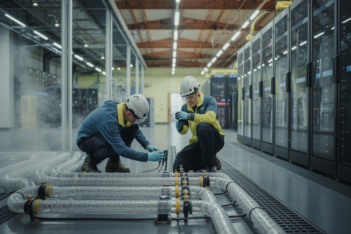 Ingénieurs ajustent circuit d'eau refroidissement serveurs IA, vapeur visible