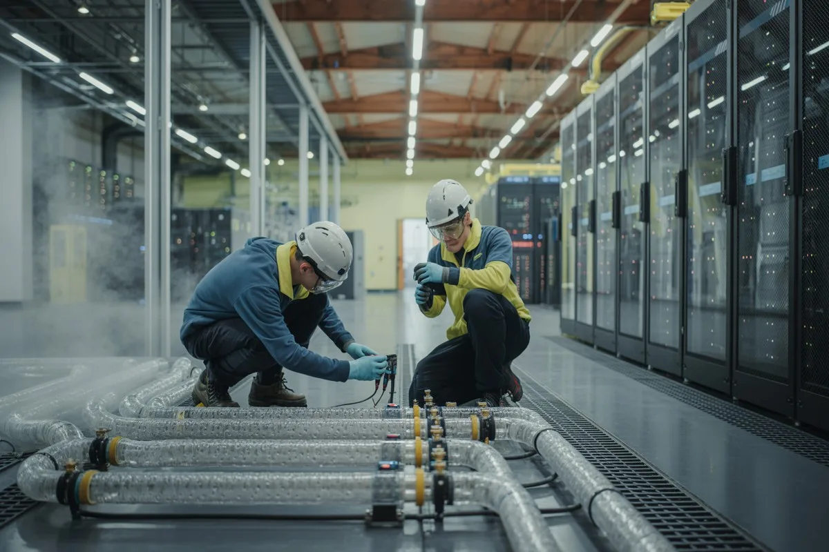 Ingénieurs ajustent circuit d'eau refroidissement serveurs IA, vapeur visible