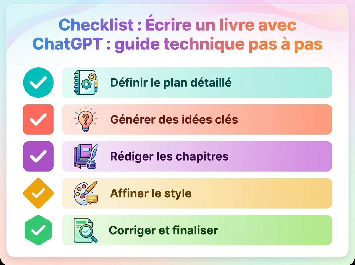 Infographie checklist : Écrire un livre avec ChatGPT : guide technique pas à pas