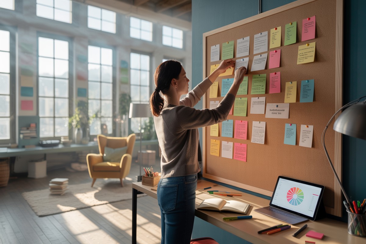 Auteur organise cartes chapitres sur panneau liège, tablette lumineuse suggérant IA