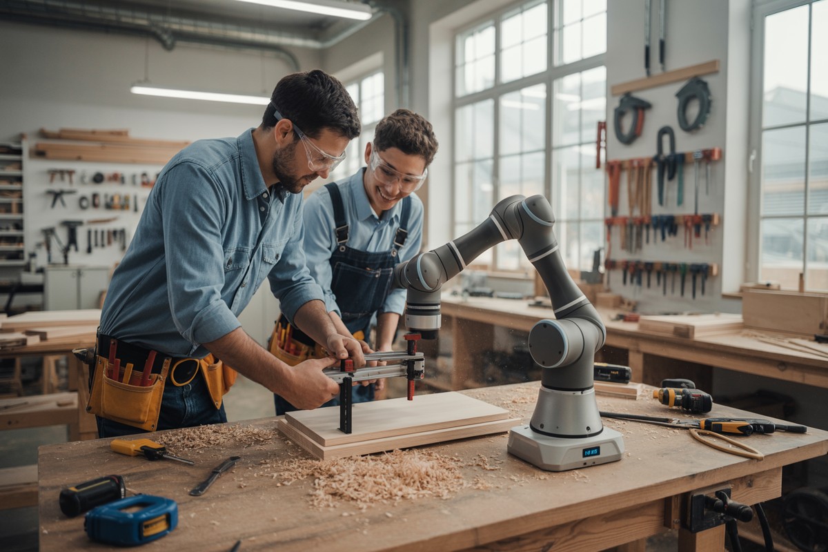 Menuisier et robot collaboratif fixent panneau bois dans atelier moderne éclairé