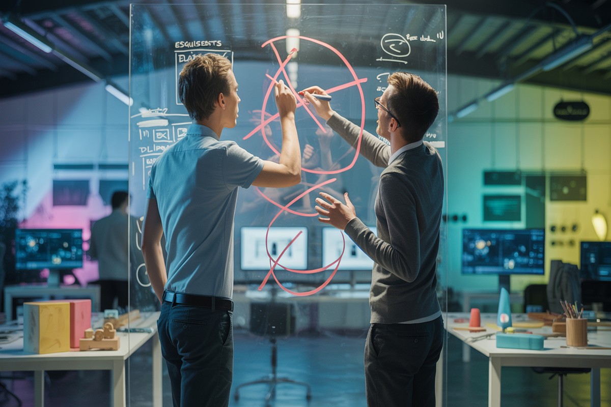 Experts esquissant critiques franches sur tableau transparent dans studio technologique lumineux moderne