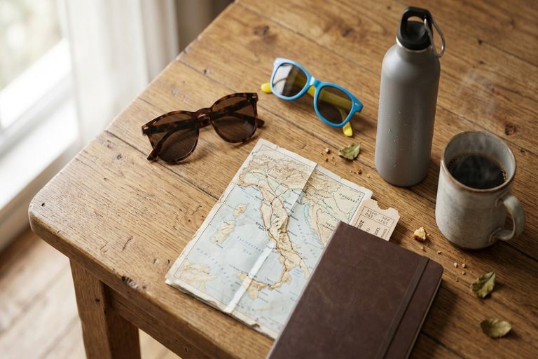 Objets sur une table en bois symbolisant les avantages d'un CSE : carte, lunettes, billet.