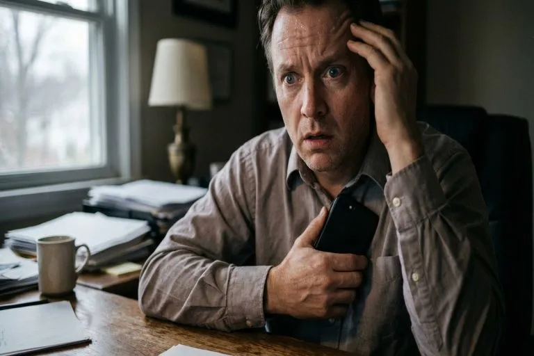 Homme angoissé réalisant une fraude, son visage exprime la panique en tenant son téléphone.
