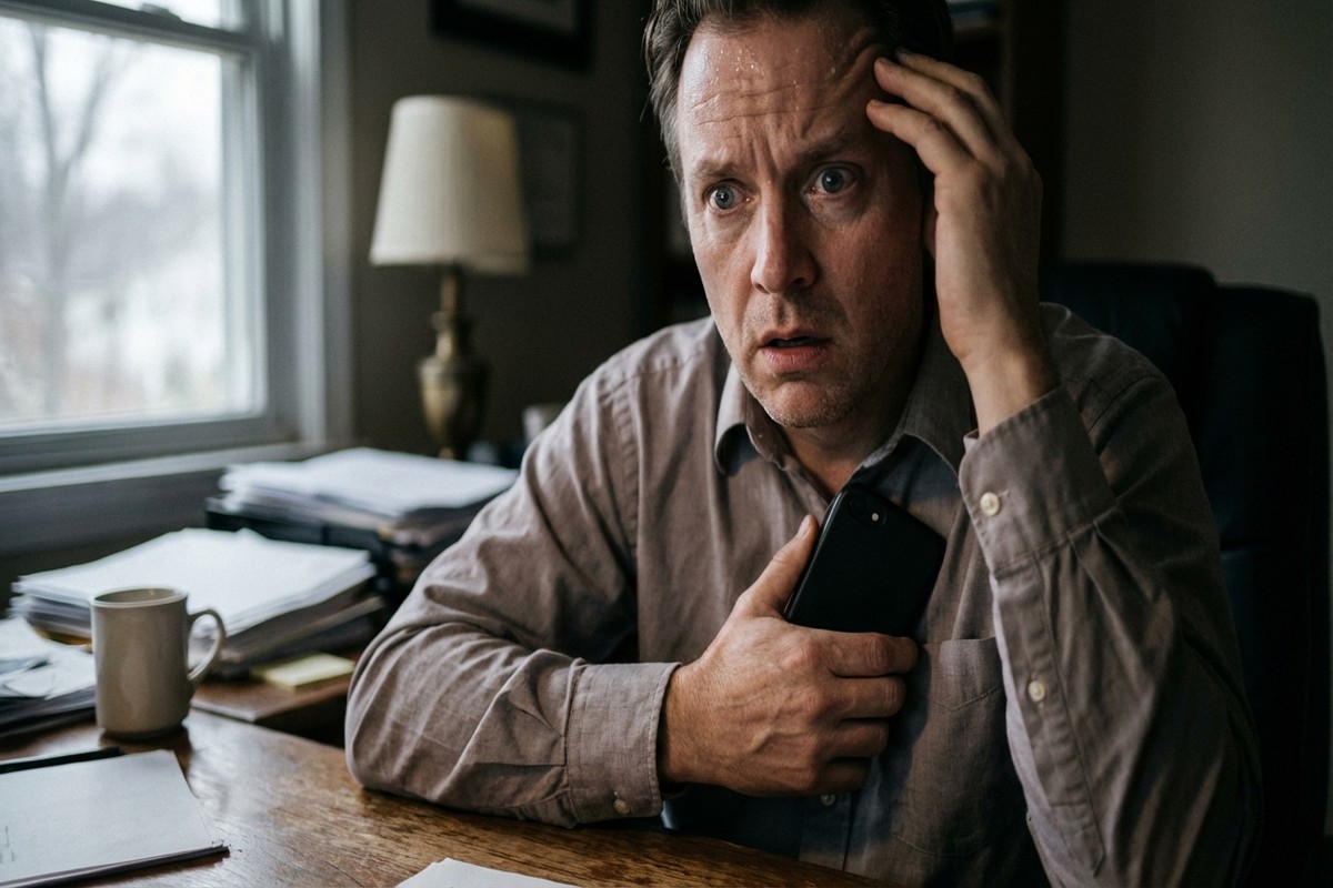 Homme angoissé réalisant une fraude, son visage exprime la panique en tenant son téléphone.