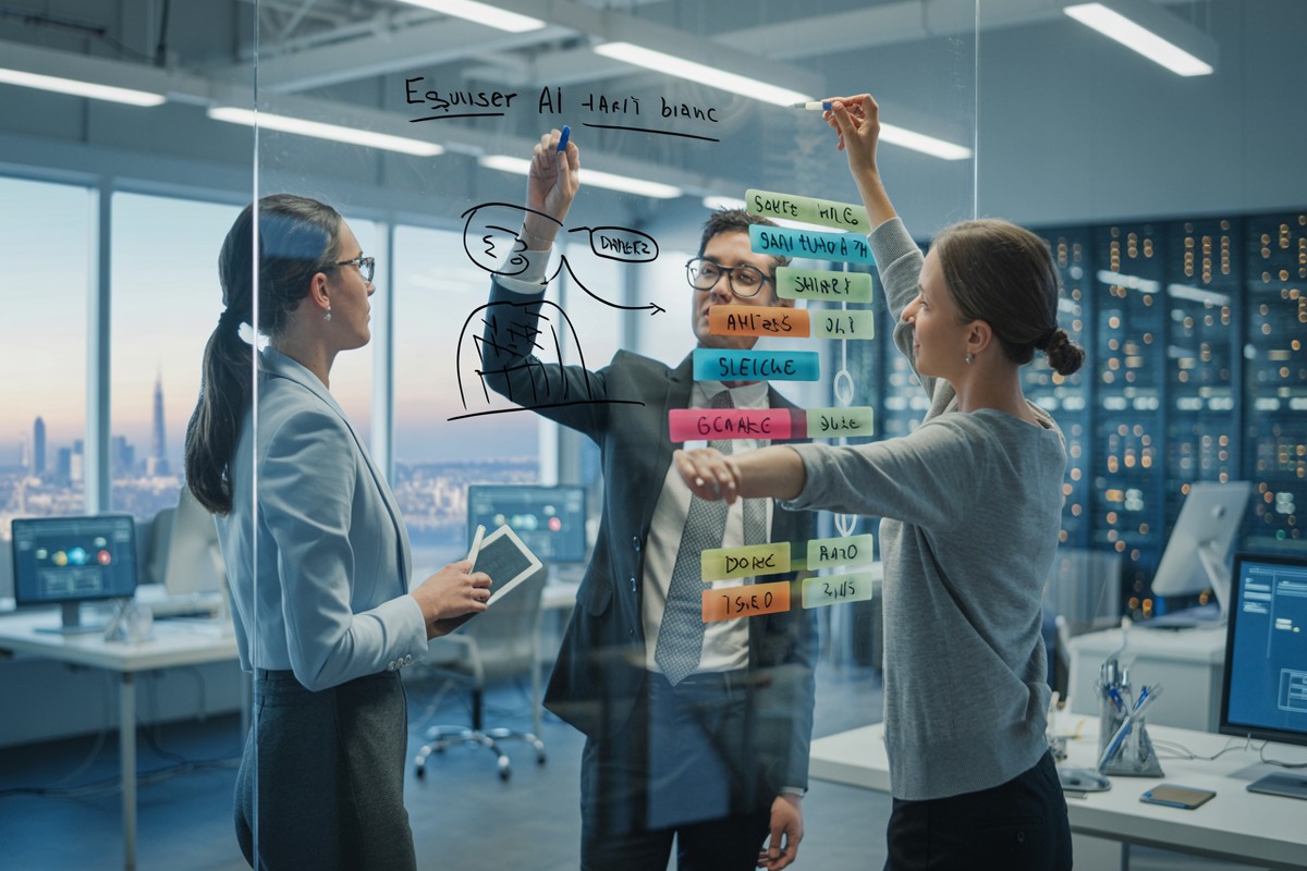 Trois ingénieurs IA esquissent grille salariale 2024 sur grand tableau en verre moderne