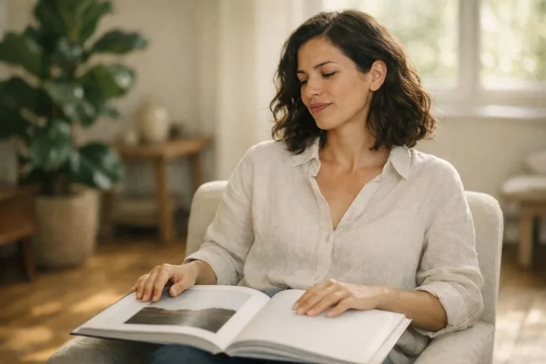 Femme sereine dans son salon lumineux choisissant d'ignorer un appel téléphonique indésirable.