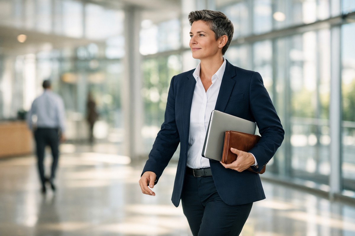 Enseignant moderne marchant dans un établissement lumineux avec un ordinateur portable