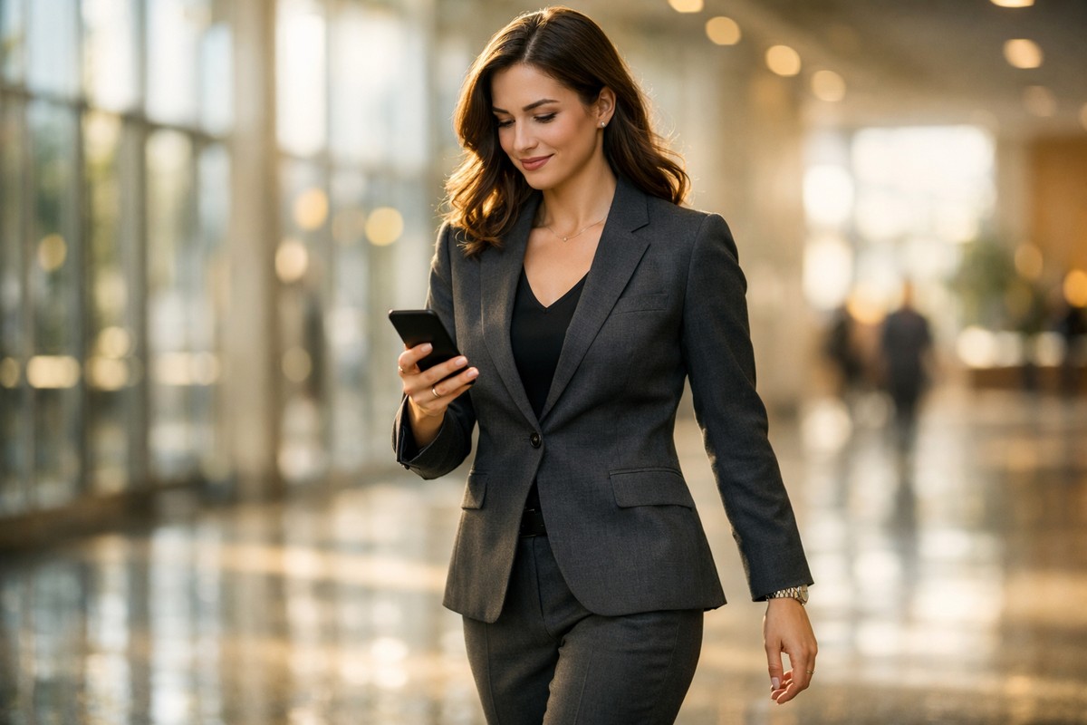 Professionnelle utilisant une authentification sécurisée sur smartphone dans un hall d'entreprise moderne.