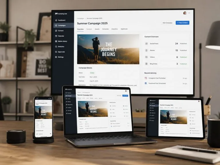 Équipe marketing gérant du contenu de campagne en temps réel sur plusieurs appareils via un headless CMS