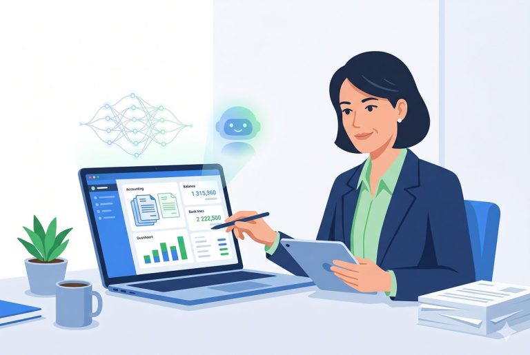Tableau de bord comptable automatisé par l'IA sur un ordinateur portable, avec saisie de factures et rapprochement bancaire