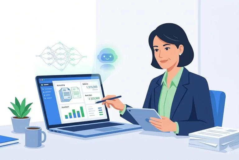 Tableau de bord comptable automatisé par l'IA sur un ordinateur portable, avec saisie de factures et rapprochement bancaire