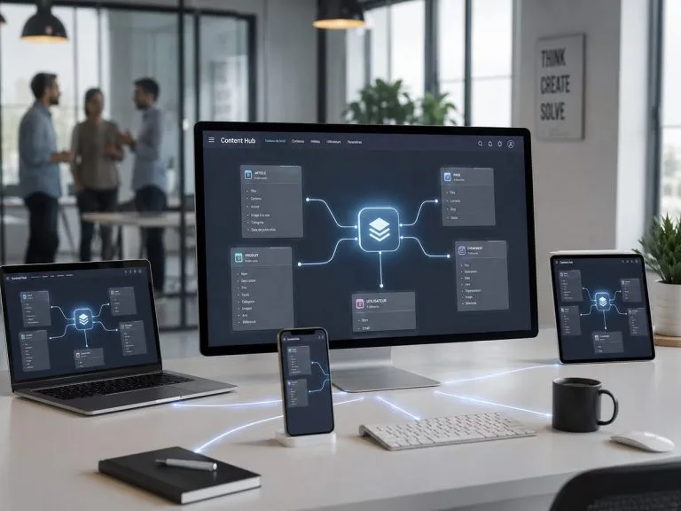 Interface de headless CMS reliant du contenu à plusieurs appareils et canaux digitaux