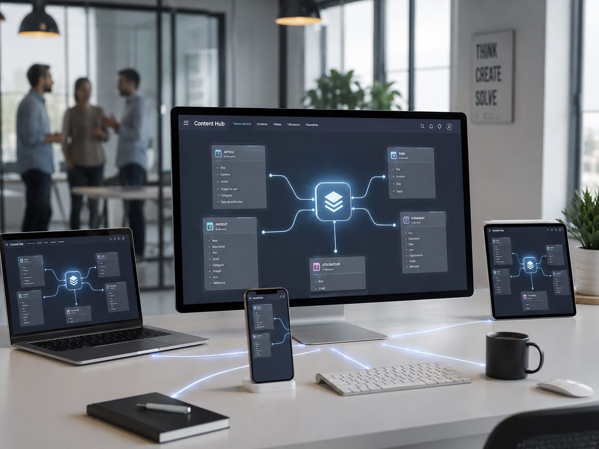Interface de headless CMS reliant du contenu à plusieurs appareils et canaux digitaux