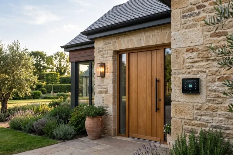 Clavier d'alarme numérique discret près d'une porte d'entrée de maison