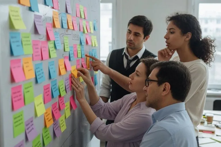 Équipe ajustant des notes adhésives sur un tableau blanc