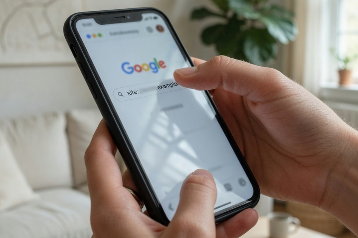 Mains tenant un smartphone pour tester l'indexation Google d'un site